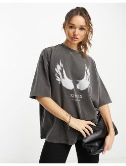 oversized T-shirt with wings graphic in washed charcoal