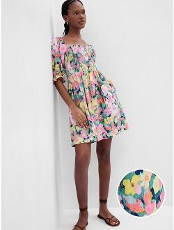 Puff Sleeve Linen-Blend Floral Mini Dress