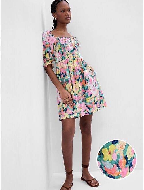 Gap Puff Sleeve Linen-Blend Floral Mini Dress