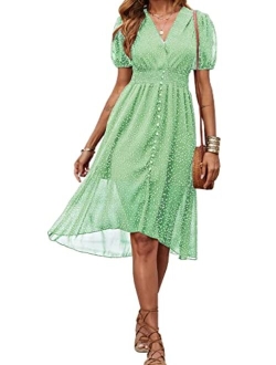 Women's Floral Wrap V-Neck Midi Dress Short Sleeve Boho Summer Beach Long Dress High Low Hem Smocked Dress Women