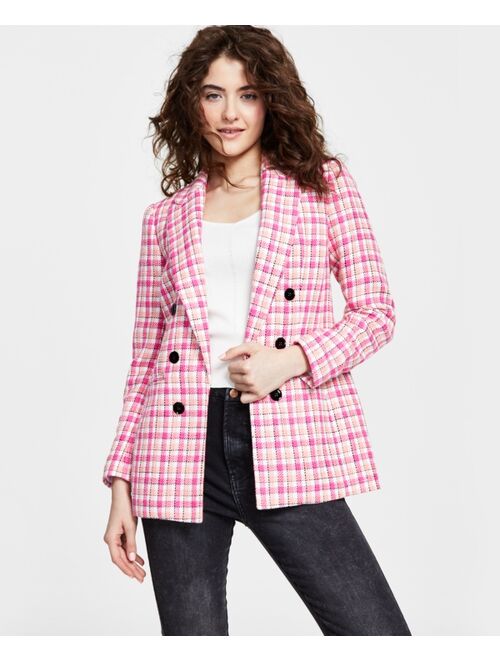 BAR III Women's Plaid Tweed Double-Breasted Blazer, Created for Macy's