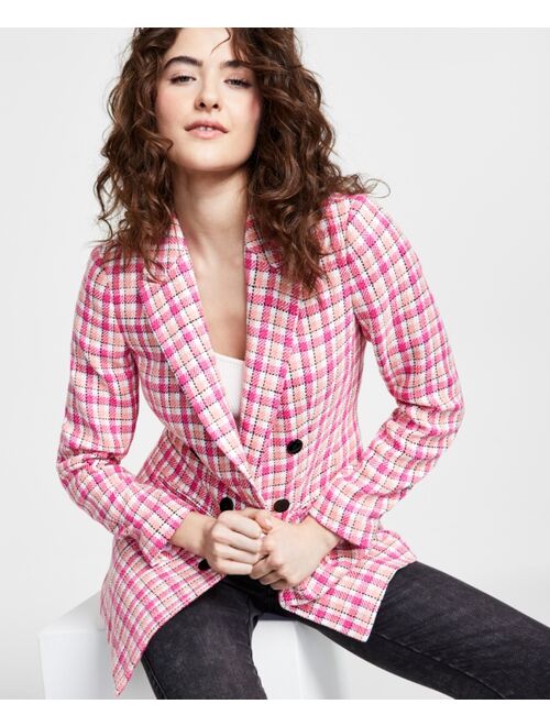 BAR III Women's Plaid Tweed Double-Breasted Blazer, Created for Macy's