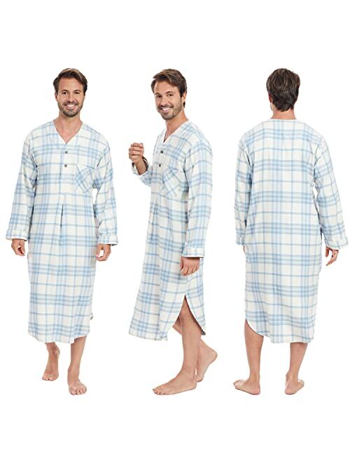 Andrew Scott Men's 2 Pack Lightweight Cotton Flannel Sleep Shirt, Long Henley Nightshirt Pajamas