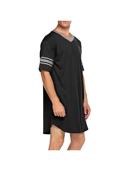 HEZIOWYUN Men's Nightwear, Cotton Nightshirt Comfy Big&Tall V Neck Short Sleeve Soft Loose Sleep Shirt