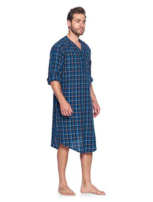 Ashford & Brooks Men's Long Nightshirt | Woven Plaid Henley Gown Sleep Shirt