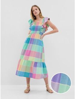 Linen-Blend Flutter Sleeve Smocked Midi Dress