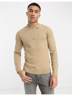 knitted polo with half zip in beige
