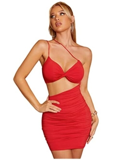 XinFSh Women's Ruched Mini Dress Sexy Cutout Waist Spaghetti Strap Going Out Bodycon Club Party Dresses