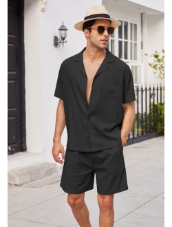 Men's Linen Shirts Short Sleeve Button Up Shirts Beach Hawaiian 2 Piece Short Set