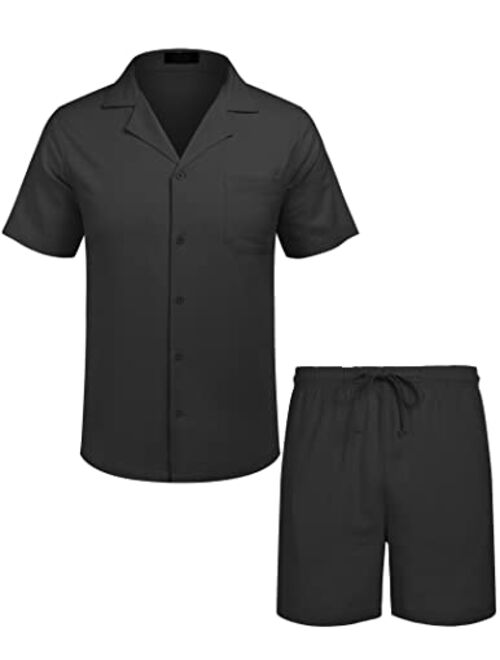 COOFANDY Men's Linen Shirts Short Sleeve Button Up Shirts Beach Hawaiian 2 Piece Short Set