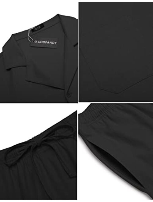 COOFANDY Men's Linen Shirts Short Sleeve Button Up Shirts Beach Hawaiian 2 Piece Short Set