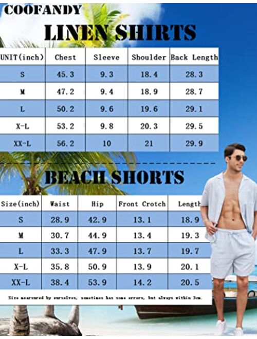 COOFANDY Men's Linen Shirts Short Sleeve Button Up Shirts Beach Hawaiian 2 Piece Short Set