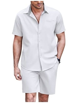 Men's 2 Piece Linen Sets Casual Short Sleeve Shirt and Shorts Beach Sets Button Down Summer Outfits with Pockets
