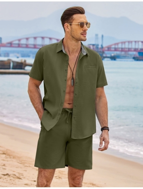COOFANDY Men's 2 Piece Linen Sets Casual Short Sleeve Shirt and Shorts Beach Sets Button Down Summer Outfits with Pockets