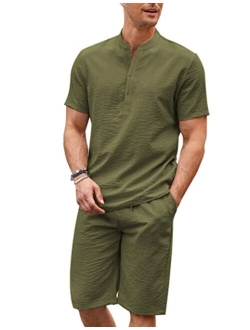 Men's 2 Pieces Linen Set Casual Henley Shirts Short Sleeve Beach Yoga Shorts Summer Pants Outfits