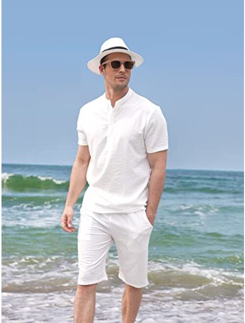 COOFANDY Men's 2 Pieces Linen Set Casual Henley Shirts Short Sleeve Beach Yoga Shorts Summer Pants Outfits
