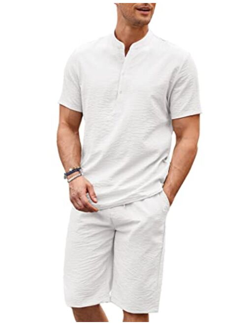 COOFANDY Men's 2 Pieces Linen Set Casual Henley Shirts Short Sleeve Beach Yoga Shorts Summer Pants Outfits