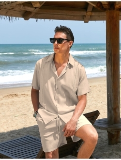 Men 2 Piece Linen Set Beach Guayabera Outfit Button Down Shirt and Short