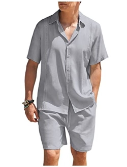 Men 2 Piece Linen Set Beach Guayabera Outfit Button Down Shirt and Short