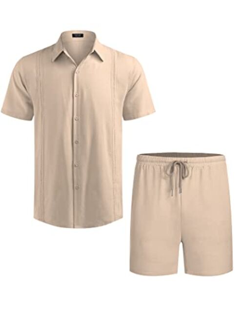 COOFANDY Men 2 Piece Linen Set Beach Guayabera Outfit Button Down Shirt and Short