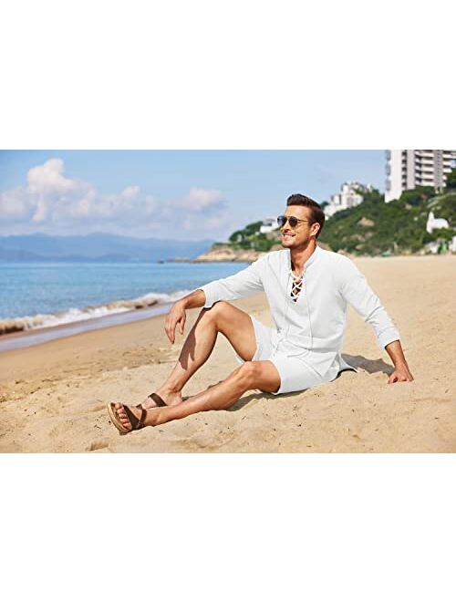 COOFANDY Men's 2 Pieces Cotton Linen Set Long Sleeve Henley Shirts And Casual Beach Shorts With Pockets Summer Yoga Outfits