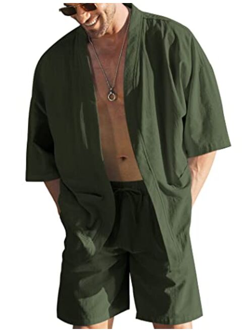 COOFANDY Men's Linen Sets Outfits 2 Piece Cardigan Beach Clothes Shirt and Short Sets
