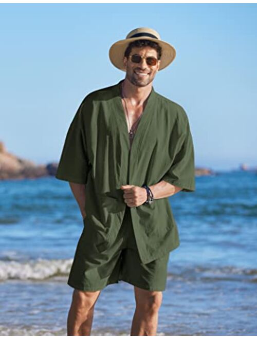 COOFANDY Men's Linen Sets Outfits 2 Piece Cardigan Beach Clothes Shirt and Short Sets
