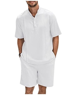 Men's 2 Pieces Linen Set Henley Shirt Short Sleeve and Shorts Summer Beach Yoga Matching Outfits