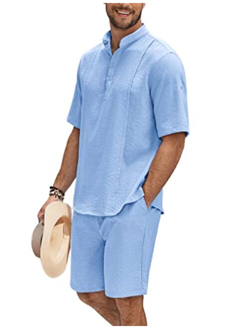 COOFANDY Men's 2 Pieces Linen Set Henley Shirt Short Sleeve and Shorts Summer Beach Yoga Matching Outfits