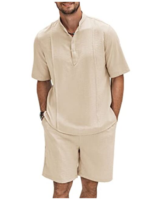 COOFANDY Men's 2 Pieces Linen Set Henley Shirt Short Sleeve and Shorts Summer Beach Yoga Matching Outfits
