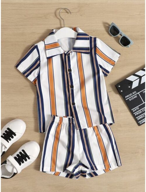 Shein Toddler Boys Block Striped Shirt & Shorts
