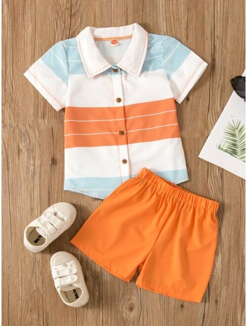 Shein Toddler Boys Block Striped Shirt & Shorts
