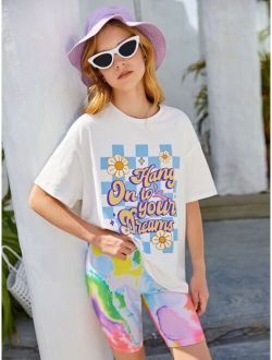 Teen Girls Slogan Graphic Drop Shoulder Tee & Tie Dye Biker Shorts