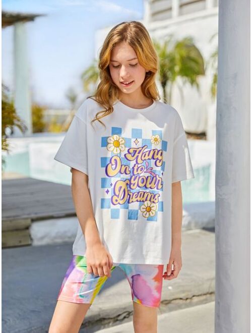 SHEIN Teen Girls Slogan Graphic Drop Shoulder Tee & Tie Dye Biker Shorts