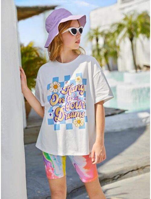 SHEIN Teen Girls Slogan Graphic Drop Shoulder Tee & Tie Dye Biker Shorts