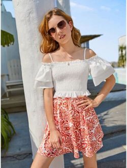 Teen Girls Cold Shoulder Ruffle Hem Top & Floral Print Skirt