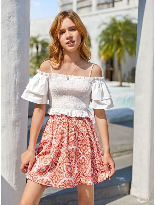 SHEIN Teen Girls Cold Shoulder Ruffle Hem Top & Floral Print Skirt