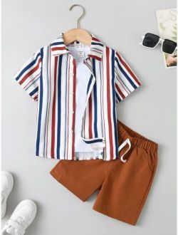 Toddler Boys Striped Shirt & Drawstring Waist Shorts With Tee