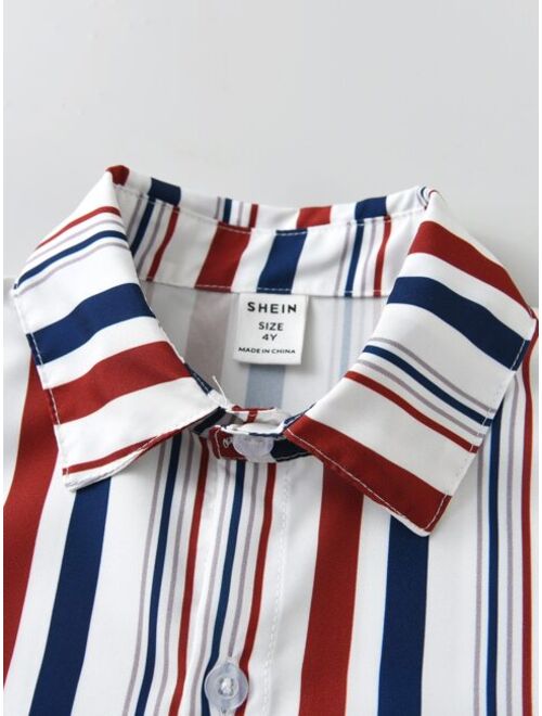 Shein Toddler Boys Striped Shirt & Drawstring Waist Shorts With Tee