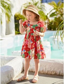 Toddler Girls 1pc Floral Print Puff Sleeve Smock Dress