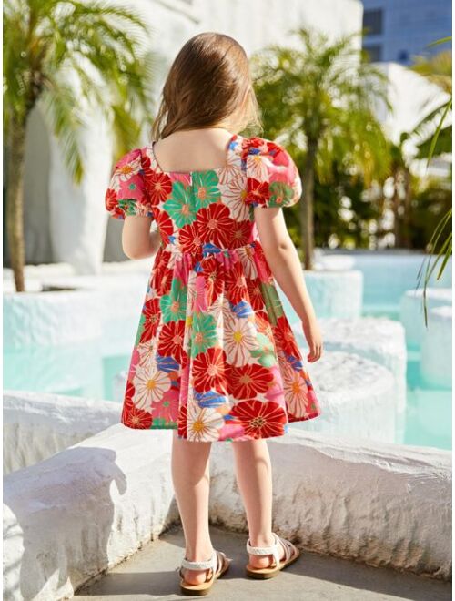 SHEIN Toddler Girls 1pc Floral Print Puff Sleeve Smock Dress