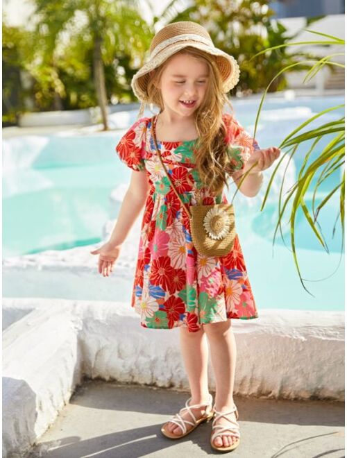 SHEIN Toddler Girls 1pc Floral Print Puff Sleeve Smock Dress