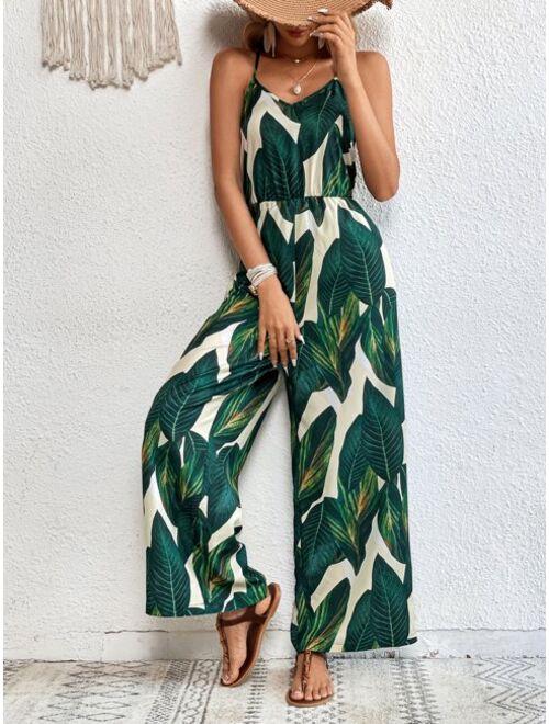 SHEIN VCAY Tropical Print Wide Leg Cami Jumpsuit Without Belt