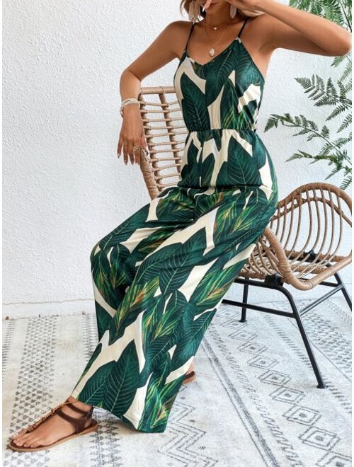SHEIN VCAY Tropical Print Wide Leg Cami Jumpsuit Without Belt