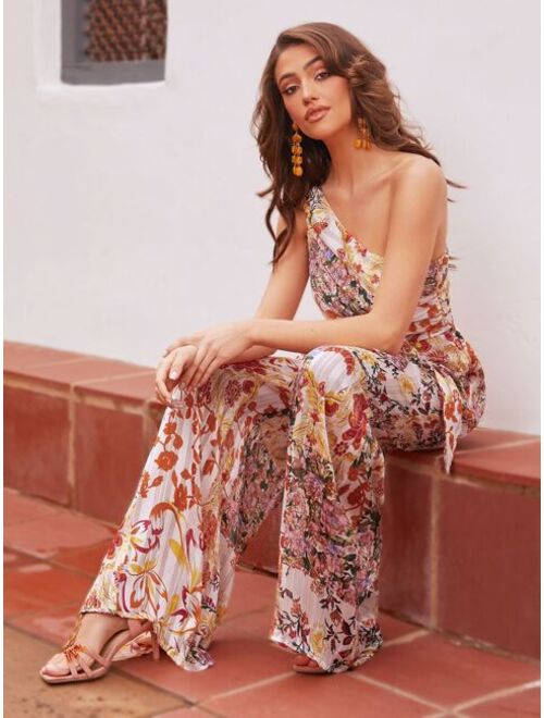 SHEIN VCAY Floral Print One Shoulder Belted Wide Leg Jumpsuit