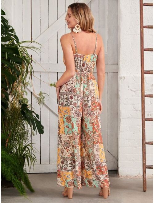 Shein EMERY ROSE Patchwork Print Drawstring Waist Cami Jumpsuit