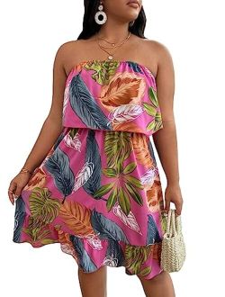 Women's Floral Summer Beach Casual Sun Dresses Tropical Leaf Print Sleeveless Ruffle Hem Tube Mini Dress