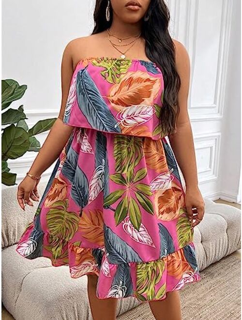 SOLY HUX Women's Floral Summer Beach Casual Sun Dresses Tropical Leaf Print Sleeveless Ruffle Hem Tube Mini Dress