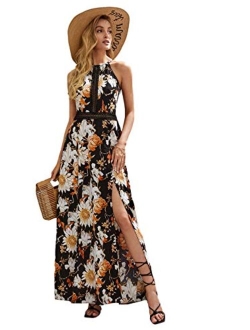 Women's Summer Tropical Floral Print Halter Neck Split Maxi Dress