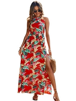Women's Summer Tropical Floral Print Halter Neck Split Maxi Dress
